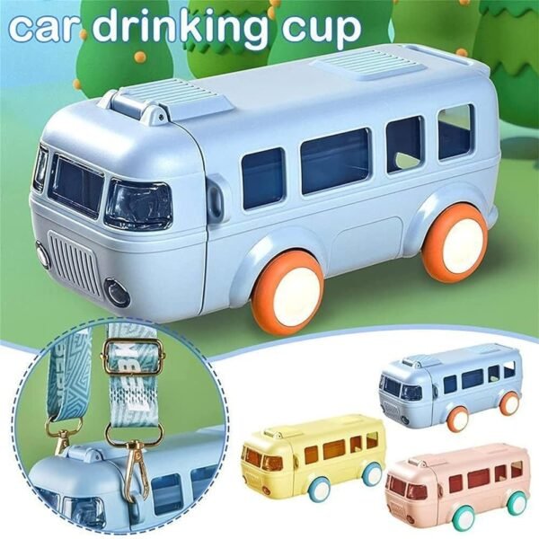 Imported 500ml Cute Bus Shaped Water Bottle With Straw and Strap Car Shaped Water Bottle for School Kids